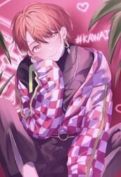  1boy bad_id bad_twitter_id blush checkered_clothes checkered_sleeves commentary_request earrings head_rest heart highres jewelry long_sleeves looking_at_viewer male_focus maru_futab maruyama_reo paradox_live phantometal_(paradox_live) pink_background red_eyes red_hair short_hair solo 