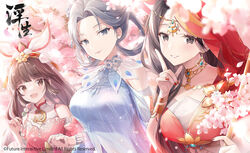  3girls blunt_bangs blush breasts brown_eyes brown_hair cherry_blossoms closed_mouth collar copyright_request dango dress earrings food grey_eyes grey_hair hime_cut jewelry kagachi_saku large_breasts long_hair looking_at_viewer multiple_girls official_art parted_lips petals red_dress red_nails smile wagashi white_dress 