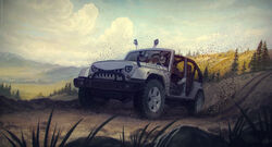  2018 anthro black_body black_fur black_pawpads blue_sky canid canine canis car clothed clothing cloud dated day detailed_background digital_media_(artwork) driving duo fangs fur grass hair hands_above_head happy inside_car jeep jeep_wrangler landscape male mammal motion_blur mountain mud mylafox open_mouth outside pawpads plant rock shirt short_hair signature sky t-shirt teeth text tongue tongue_out topwear tree url vehicle white_body white_fur white_hair wolf 