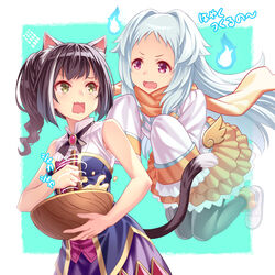  2girls animal_ear_fluff animal_ears bare_shoulders black_hair black_pantyhose blush breasts brown_skirt cat_ears cat_girl cat_tail commentary_request dress food gem green_background green_eyes highres holding karyl_(princess_connect!) long_hair long_sleeves medium_breasts miyako_(princess_connect!) multicolored_hair multiple_girls oerba_yun_fang open_mouth orange_scarf pantyhose porikeracchou princess_connect! pudding red_eyes scarf shoes simple_background skin_fang skirt sleeveless sleeveless_dress sleeves_past_fingers sleeves_past_wrists smile streaked_hair tail translation_request two_side_up very_long_hair white_background white_footwear white_hair 