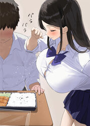  1boy black_hair blue_bow blue_bowtie blue_skirt blush bow bowtie breasts button_gap closed_eyes closed_mouth collared_shirt commentary_request female food kaisen_chuui large_breasts long_sleeves meme original pepper_(spice) rice salt salt_bae_(meme) school_uniform shirt simple_background skirt smile white_shirt 