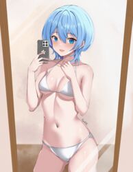  :d absurdres bikini blue_eyes blue_hair breasts cellphone female full-length_mirror highres holding holding_phone hololive hoshimachi_suisei iris_angel12xii looking_at_mirror looking_at_viewer medium_breasts mirror navel official_alternate_hair_length official_alternate_hairstyle open_mouth phone reflection reflection_focus selfie short_hair smartphone smile solo star_(symbol) star_in_eye stomach swimsuit symbol_in_eye virtual_youtuber white_bikini 