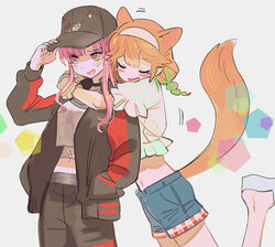  2girls adjusting_clothes adjusting_headwear animal_ears baseball_cap black_headwear black_jacket black_pants blush_stickers braid closed_eyes commentary cowboy_shot denim denim_shorts dog_ears dog_girl dog_tail frilled_shirt frills ggaeng green_hair grey_background grey_footwear hairband hand_in_pocket hat highres hololive hololive_english hug hug_from_behind jacket long_hair long_sleeves midriff mori_calliope mori_calliope_(streetwear) motion_lines multicolored_hair multiple_girls navel open_mouth orange_hair pants pentagon_(shape) pink_eyes pink_hair pink_nails shirt short_sleeves shorts simple_background standing standing_on_one_leg streaked_hair sweatdrop tail takanashi_kiara takanashi_kiara_(casual) twin_braids virtual_youtuber white_shirt yuri 