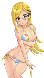  aimobake animal_print bear_print bespectacled bikini blonde_hair blush breasts cleavage closed_mouth commentary_request cowboy_shot ear_piercing earclip earrings female fujimoto_rina glasses grey_eyes halterneck hand_on_own_arm highres idolmaster idolmaster_cinderella_girls jewelry leaning_to_the_side long_hair looking_at_viewer medium_breasts multicolored_bikini multicolored_clothes partial_commentary piercing print_bikini rimless_eyewear side-tie_bikini_bottom simple_background smile solo standing swept_bangs swimsuit thigh_gap untying white_background 