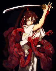  absurdres arms_up bchan1582 black_background blood blood_splatter brown_hair corpse dark_background female hair_ribbon hakama hakama_skirt headless high_ponytail highres holding holding_sword holding_weapon japanese_clothes jigokuraku katana kimono long_hair looking_at_viewer obi red_ribbon red_sash ribbon sash simple_background skirt solo_focus sword weapon white_hakama white_kimono yamada_asaemon_sagiri 