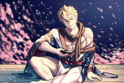  1boy abs bara bare_pectorals blonde_hair cherry_blossoms cross_scar crossed_legs cup curran_(dragalia_lost) dragalia_lost falling_petals feet_out_of_frame hair_between_eyes highres japanese_clothes kimono leg_hair long_sideburns male_focus mature_male off_shoulder open_clothes open_kimono pectorals petals sakazuki scar scar_on_face scar_on_forehead short_hair sideburns single_bare_shoulder smile solo toned toned_male white_kimono yaekaidou 