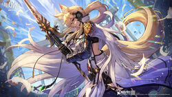  animal_ears arknights armor armored_dress blonde_hair cape feathered_wings feathers female gauntlets headset highres holding holding_sword holding_weapon horse_ears horse_girl horse_tail implied_extra_ears knight kuroi_susumu long_hair nearl_(arknights) nearl_the_radiant_knight_(arknights) official_alternate_costume official_art pauldrons ponytail shoulder_armor sword tail weapon wings 