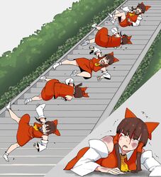  &gt;_&lt; &gt;_o ascot bad_id bad_twitter_id blood blood_from_mouth blood_on_face bow breasts brown_eyes brown_hair bruise bruise_on_face bush commentary cookie_(touhou) detached_sleeves falling female full_body hair_tubes hairbow hakurei_reimu highres injury large_breasts looking_at_viewer ohasi one_eye_closed open_mouth red_bow red_shirt red_skirt reu_(cookie) sandals shirt short_hair_with_long_locks skirt sleeveless sleeveless_shirt socks stairs stone_stairs touhou trembling white_legwear white_sleeves yellow_ascot zouri 