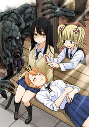  1other 3girls :&gt; absurdres bench black_footwear black_hair black_necktie blonde_hair blue_skirt bug butterfly cellphone closed_mouth ghost highres izumi_(toubun_kata) lap_pillow loafers long_hair lying mieruko-chan miniskirt monster multiple_girls necktie niguredou_julia official_art on_back on_bench orange_hair outdoors phone saliva school_uniform shirt shoes short_hair sitting skirt sleeves_rolled_up smartphone sweater tree twintails white_shirt yellow_eyes yotsuya_miko yurikawa_hana 