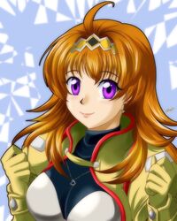  ahoge charlotte_hasting clenched_hands female gloves hairband highres jewelry long_hair looking_at_viewer necklace negimura_kisara orange_hair purple_eyes signature solo super_robot_wars super_robot_wars_v yellow_gloves 