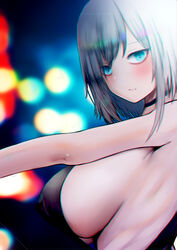  ars_almal bare_shoulders black_choker black_dress blue_eyes blurry blurry_background blush_stickers breasts choker chomikuplus closed_mouth covered_nipples dress female from_side highres large_breasts looking_at_viewer medium_hair nijisanji photoshop_(medium) revealing_clothes sideboob solo virtual_youtuber white_hair 