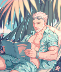  1boy absurdres alternate_costume aqua_eyes aqua_shirt arm_hair bara beard blue_male_swimwear book branch chest_hair collared_shirt eyewear_on_head facial_hair fate/grand_order fate_(series) glasses hairy hawaiian_shirt highres holding holding_book looking_down male_focus male_swimwear mature_male muscular muscular_male old old_man open_book open_clothes open_magazine open_shirt pectoral_cleavage pectorals shirt short_hair smile solo summer sunglasses swim_trunks upper_body white_hair william_tell_(fate) yaekaidou 