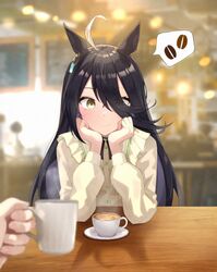  ahoge animal_ears arm_support black_hair blurry blurry_background blurry_foreground coffee_beans commentary cup earrings female film_grain frilled_shirt_collar frills hands_on_own_face highres holding holding_cup horse_ears horse_girl indoors jewelry light_blush long_hair long_sleeves looking_at_viewer manhattan_cafe_(umamusume) multicolored_hair pov pov_across_table pov_dating pov_hands saucer shirt single_earring smile solo_focus speech_bubble spoken_object steam streaked_hair tiara_(871220) umamusume yellow_eyes yellow_shirt 