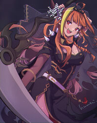  ahoge black_cape black_dress black_tiara blonde_hair braid breasts cape cleavage cosplay detached_sleeves dragon_girl dragon_horns dress female hip_vent holding holding_scythe hololive hololive_english horns kiryu_coco kyou_fumei large_breasts looking_at_viewer mori_calliope mori_calliope_(1st_costume) mori_calliope_(cosplay) multicolored_hair open_mouth orange_hair pointy_ears red_eyes scythe see-through see-through_sleeves sidelocks single_braid single_sleeve smile spiked_cape streaked_hair teeth tiara upper_teeth_only veil virtual_youtuber 