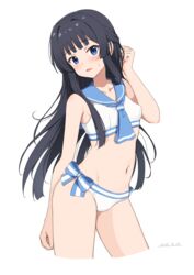  armpits black_hair blue_eyes blush breasts collarbone commentary_request cropped_legs dated female half_updo highres idolmaster idolmaster_million_live! long_hair looking_at_viewer miso_(misomiso_154) mogami_shizuka navel open_mouth sailor_bikini sailor_collar sailor_swimsuit_(idolmaster) simple_background small_breasts solo stomach sweatdrop very_long_hair white_background 