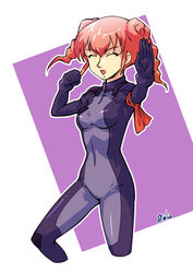  ^_^ border breasts clenched_hand closed_eyes crossbone_gundam crossbone_gundam_ghost double_bun eyebrows_hidden_by_hair female fighting_stance gundam hair_behind_ear hair_bun highres medium_breasts normal_suit open_hand open_mouth pilot_suit pink_hair purple_background saika_(pixiv43370196) science_fiction solo twintails v-shaped_eyebrows white_border yi_lychee 