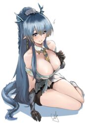  arknights bare_shoulders between_breasts black_gloves blue_eyes blue_hair blush breasts cleavage cyk_(cyk451) dragon_horns dragon_tail female gloves hair_between_eyes highres horns ling_(arknights) long_hair pointy_ears ponytail sitting smile solo sweatdrop tail very_long_hair 