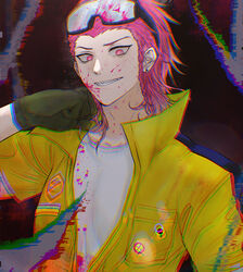  1boy absurdres black_background black_jumpsuit brown_gloves collarbone commentary_request danganronpa_(series) danganronpa_2:_goodbye_despair gloves goggles goggles_on_head grey_background grey_shirt hand_up highres jumpsuit looking_at_viewer male_focus medium_hair meishi_jiu_he_xingbingle pink_eyes pink_hair sharp_teeth shirt short_hair soda_kazuichi solo teeth upper_body yellow_jumpsuit 