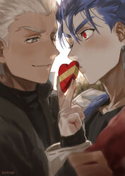  2boys alternate_costume archer_(fate) blue_hair blush box brown_jacket candy chocolate commentary_request cu_chulainn_(fate) cu_chulainn_(fate/stay_night) dark-skinned_male dark_skin eye_contact fate/stay_night fate_(series) food from_side g0ringo hand_up heart heart-shaped_box highres jacket jewelry looking_at_another male_focus multiple_boys one_eye_closed red_eyes short_hair smile twitter_username valentine white_hair yaoi 