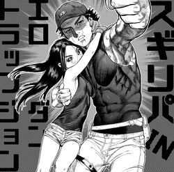  1boy asirpa breasts clenched_hand commentary_request contemporary covered_abs cross_scar female frown golden_kamuy greyscale kimidake monochrome scar scar_on_cheek scar_on_face scar_on_nose short_shorts shorts size_difference small_breasts sugimoto_saichi translation_request v-shaped_eyebrows veins veiny_arms 