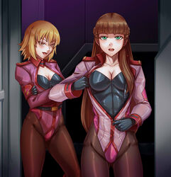  2girls black_gloves blonde_hair breasts brown_hair cagalli_yula_athha cleavage corruption dark_persona gloves green_eyes gundam gundam_seed gundam_seed_destiny gundam_wing highres leebigtree leotard long_hair multiple_girls pantyhose relena_peacecraft short_hair yellow_eyes 