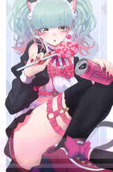  adapted_costume animal_ears biburi_(precure) black_thighhighs can candy chest_harness dededeteiu earrings female food gradient_hair green_hair hand_on_own_knee harness highres holding holding_can holding_candy holding_food holding_lollipop jewelry kirakira_precure_a_la_mode knee_up legwear_garter lollipop long_sleeves looking_at_viewer monster_energy multicolored_hair open_mouth pink_hair precure puffy_sleeves red_footwear red_nails shoes sitting skirt solo swirl_lollipop thighhighs twintails two-tone_hair yellow_eyes 