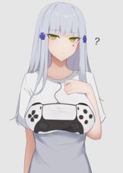  3: ? absurdres breasts commentary_request dualsense facial_tattoo female game_controller_print girls&#039;_frontline green_eyes grey_background grey_hair hair_ornament hand_on_own_chest hand_up highres hk416_(girls&#039;_frontline) large_breasts long_hair playstation_controller print_shirt re1kirisaki342 shirt simple_background solo t-shirt tattoo teardrop_tattoo upper_body white_background white_shirt 