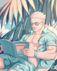  1boy absurdres alternate_costume aqua_eyes aqua_shirt arm_hair bara beard blue_male_swimwear book branch chest_hair collared_shirt facial_hair fate/grand_order fate_(series) hairy hawaiian_shirt highres holding holding_book looking_down male_focus male_swimwear mature_male muscular muscular_male old old_man open_book open_clothes open_magazine open_shirt pectoral_cleavage pectorals shirt short_hair solo summer sunglasses swim_trunks upper_body white_hair william_tell_(fate) yaekaidou 