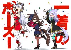  3girls ^_^ animal_ears black_coat blue_flower blue_headwear blush boots bow bowtie brown_hair closed_eyes coat cross-laced_footwear dagger dress ear_bow flower frilled_coat frilled_sleeves frills gloves gold_ship_(umamusume) gold_trim golshi&#039;s_first_place_pose green_bow green_bowtie grey_hair hachiman_(douno) hair_over_one_eye hat hat_flower headgear high_heel_boots high_heels highres horse_ears horse_girl horse_pose horse_tail knee_boots knife lace-trimmed_dress lace-trimmed_legwear lace-up_boots lace_trim long_hair mejiro_mcqueen_(umamusume) multiple_girls off-shoulder_dress off_shoulder pantyhose pillbox_hat red_bow red_bowtie red_dress rice_shower_(umamusume) sheath sheathed simple_background sleeveless sleeveless_dress swept_bangs tail thighhighs tilted_headwear umamusume weapon white_background white_footwear white_gloves white_legwear 