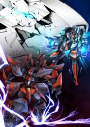  blue_eyes cannon clenched_hand firing glowing glowing_eyes granvang highres lightning_bolt_symbol looking_down mecha no_humans open_hand red_eyes robot sakusakusakurai super_robot super_robot_wars super_robot_wars_v vangnex vangray yellow_eyes 