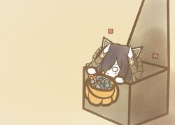  :3 august_von_parseval_(azur_lane) azur_lane black_hair box candy candy_cane chibi curled_horns female food hair_over_one_eye halloween halloween_bucket horns in_box in_container koti long_hair mechanical_horns solo 