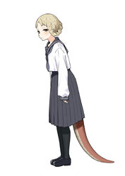  alternate_costume arms_at_sides bad_id bad_twitter_id black_footwear black_neckerchief black_pantyhose black_sailor_collar black_skirt blonde_hair blush braid braided_hair_rings brown_eyes closed_mouth contemporary elden_ring female from_side full_body hair_rings half-closed_eyes highres inactive_account leaning_forward lizard_tail long_sleeves looking_at_viewer mole mole_under_mouth neckerchief pantyhose parted_bangs pleated_skirt reptile_girl rya_(elden_ring) sailor_collar school_uniform serafuku shirt shoes short_hair simple_background skirt sky-freedom solo spoilers standing tail white_background white_shirt 