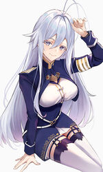  86_-eightysix- ahoge antenna_hair arm_up armband blue_hair blue_jacket blue_skirt breasts closed_mouth colored_eyelashes commentary_request dress_shirt ema_(kuguiema) female garter_straps grey_eyes hair_between_eyes highres jacket large_breasts long_hair long_sleeves looking_at_viewer military military_uniform miniskirt no_headwear open_clothes open_jacket shirt simple_background sitting skirt smile solo straight_hair thighhighs uniform very_long_hair vladilena_millize white_background white_shirt white_thighhighs zettai_ryouiki 