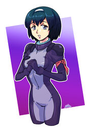  black_gloves black_hair blue_eyes border breasts crossbone_gundam crossbone_gundam_ghost deux_luka_frills female gloves gundam highres looking_at_viewer medium_breasts normal_suit own_hands_together parted_lips pilot_suit purple_background saika_(pixiv43370196) science_fiction solo white_border worried 