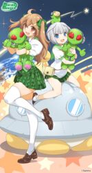  2girls ahoge alien bag blue_eyes brown_eyes brown_footwear brown_hair earth_(planet) fingernails full_body green_eyes green_neckwear green_skirt grey_hair hamster handbag highres himawari_(myslot) hugging_object inoue_sora loafers looking_at_viewer midori-chan_(myslot) miniskirt multiple_girls myslot necktie open_mouth plaid plaid_skirt planet pleated_skirt puffy_short_sleeves puffy_sleeves school_uniform serafuku shoes shooting_star short_sleeves skirt socks space standing standing_on_one_leg star_(sky) star_(symbol) stuffed_alien stuffed_toy thighhighs two_side_up ufo white_legwear 