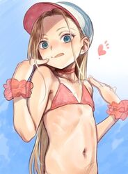  :q bikini blonde_hair blue_background blue_eyes blush choker commentary female flat_chest haguhagu_(rinjuu_circus) hands_up hat long_hair looking_at_viewer navel original pink_bikini pink_choker sasha_(haguhagu) scrunchie smile solo swimsuit tongue tongue_out very_long_hair wrist_scrunchie 