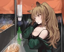  absurdres ahoge animal_ears arknights black_choker black_shirt bottle breasts brown_eyes brown_hair choker cleavage cup drinking_glass female food green_jacket highres jacket large_breasts lion_ears long_hair long_sleeves looking_away mouth_hold off_shoulder official_alternate_costume open_clothes open_jacket ponytail seorang shirt siege_(arknights) siege_(legacy)_(arknights) sleeveless sleeveless_shirt solo spaghetti_strap steam 