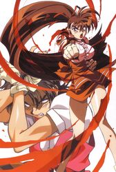  1990s_(style) 2girls brown_eyes brown_hair clenched_hands crossed_arms fingerless_gloves floating_hair gloves hair_ribbon high_ponytail kimura_takahiro long_hair looking_at_viewer multiple_girls no_pupils non-web_source official_art open_mouth orange_skirt outstretched_arm retro_artstyle ribbon skirt takeuchi_yuka underbust v-shaped_eyebrows variable_geo very_long_hair waitress yajima_satomi 