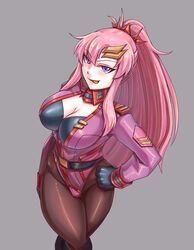  black_pantyhose blue_eyes breasts cleavage corruption crossed_legs dark_persona female from_above gundam gundam_seed gundam_seed_destiny hair_ornament hand_on_own_hip highres lacus_clyne large_breasts leebigtree licking_lips long_hair looking_up pantyhose photoshop_(medium) pink_hair ponytail sidelocks solo thick_thighs thighs tongue tongue_out v-shaped_eyebrows 