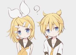  1boy ? arms_behind_back bad_id bad_twitter_id bare_shoulders black_sailor_collar blonde_hair blue_eyes blush bow brother_and_sister commentary female furrowed_brow grey_background hair_ornament hairbow hairclip head_tilt headphones highres hitode kagamine_len kagamine_rin light_frown looking_at_viewer neckerchief necktie sailor_collar school_uniform shirt short_hair short_ponytail short_sleeves siblings sleeveless sleeveless_shirt spiked_hair swept_bangs twins upper_body v-shaped_eyebrows vocaloid white_bow white_shirt yellow_neckerchief yellow_necktie 