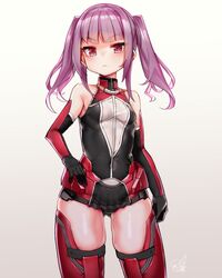  :&lt; alice_gear_aegis armor ass_visible_through_thighs bare_shoulders black_gloves black_leotard blunt_bangs breasts closed_mouth commentary_request covered_navel doyouwantto elbow_gloves female gloves gradient_background ichijou_ayaka leotard long_hair looking_at_viewer purple_eyes purple_hair red_thighhighs shiny_skin sidelocks signature skindentation small_breasts solo standing thighhighs turtleneck twintails v-shaped_eyebrows white_background 