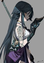  2021 arm_tattoo bare_shoulders breasts dated female genderswap_(mtf) genshin_impact gloves grey_background holding holding_mask long_hair looking_at_viewer mask medium_breasts qtian rule_63 simple_background sleeveless solo tattoo xiao_(genshin_impact) yellow_eyes 