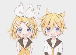  ! 1boy arms_behind_back bad_id bad_twitter_id beige_background black_sailor_collar blonde_hair blue_eyes bow brother_and_sister commentary female hair_ornament hairbow hairclip headphones highres hitode kagamine_len kagamine_rin neckerchief necktie oerba_yun_fang open_mouth sailor_collar school_uniform shirt short_hair short_ponytail short_sleeves siblings smile spiked_hair swept_bangs twins upper_body vocaloid white_bow white_shirt yellow_neckerchief yellow_necktie 