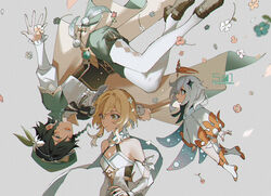  1boy 2girls aqua_hair argyle_clothes argyle_legwear bad_id bad_twitter_id beret blonde_hair braid brown_footwear buttons cape center_frills collared_cape commentary corset eyelashes falling_petals floating flower frills genshin_impact gradient_hair green_cape green_headwear green_shorts grey_background hair_flower hair_ornament halo hat loafers looking_at_another lumine_(genshin_impact) mechanical_halo multicolored_hair multiple_girls one_eye_closed open_mouth paimon_(genshin_impact) pantyhose parted_lips petals romper shirt shoes short_hair_with_long_locks shorts sidelocks simple_background star_(symbol) star_hair_ornament symbol-only_commentary teeth twin_braids ueauwa upper_teeth_only venti_(genshin_impact) vision_(genshin_impact) white_flower white_legwear white_romper white_shirt yellow_eyes 