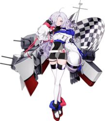  ahoge black_gloves black_shorts black_surge_night checkered_flag covered_navel cropped_jacket crossed_legs female flag flint_(black_surge_night) full_body gloves grey_eyes grey_hair hair_over_one_eye helmet holding holding_helmet jacket km2o4 leotard long_hair long_sleeves o-ring official_art parted_lips rigging shorts solo thigh_strap thighhighs transparent_background very_long_hair watson_cross white_thighhighs 