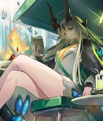  absurdres ahoge arknights bare_legs black_cape blue_butterfly book bug butterfly cape chinese_commentary commentary_request corrupted_metadata crossed_legs cup drinking_glass drinking_straw feet_out_of_frame female flame-tipped_tail green_eyes grey_hair grey_skirt highres holding holding_book horns jacket jiusan_naitang long_hair miniskirt official_alternate_costume pencil_skirt reed_(arknights) reed_(emerald_holiday)_(arknights) sitting skirt solo tail thighs very_long_hair white_jacket 