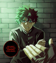  2boys all_might alternate_universe artist_name black_gloves black_hair blood blood_on_face boku_no_hero_academia bruise commentary dress_shirt english_commentary english_text fingerless_gloves gloves green_hair highres injury looking_at_viewer male_focus midoriya_izuku multicolored_hair multiple_boys nosebleed school_uniform shirt sitting solo_focus speech_bubble stone_wall tears trevo_(trevoshere) two-tone_hair wall yagi_toshinori 