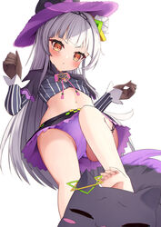  absurdres barefoot feet feline female from_below grey_hair highres hololive long_hair makino_maki murasaki_shion murasaki_shion_(1st_costume) panties pantyshot purple_panties shiokko_(murasaki_shion) simple_background soles stepped_on underwear virtual_youtuber white_background 