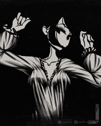  black_background blouse commentary english_commentary female greyscale hair_over_mouth hands_up highres instagram_username loen long_sleeves looking_at_viewer monochrome original plunging_neckline shirt solo twitter_username upper_body 