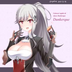  2021 absurdres artist_name azur_lane azur_lane:_slow_ahead black_gloves braid breastless_clothes breasts brown_jacket character_name cleavage cleavage_cutout clothing_cutout crown_braid dunkerque_(azur_lane) female fleur-de-lis food framed_breasts gloves hair_ornament hebitsukai-san highres holding holding_food jacket large_breasts long_hair looking_at_viewer macaron multicolored_clothes multicolored_jacket pink_eyes purple_background red_gloves red_jacket simple_background solo translated two-tone_gloves two-tone_jacket upper_body white_hair 